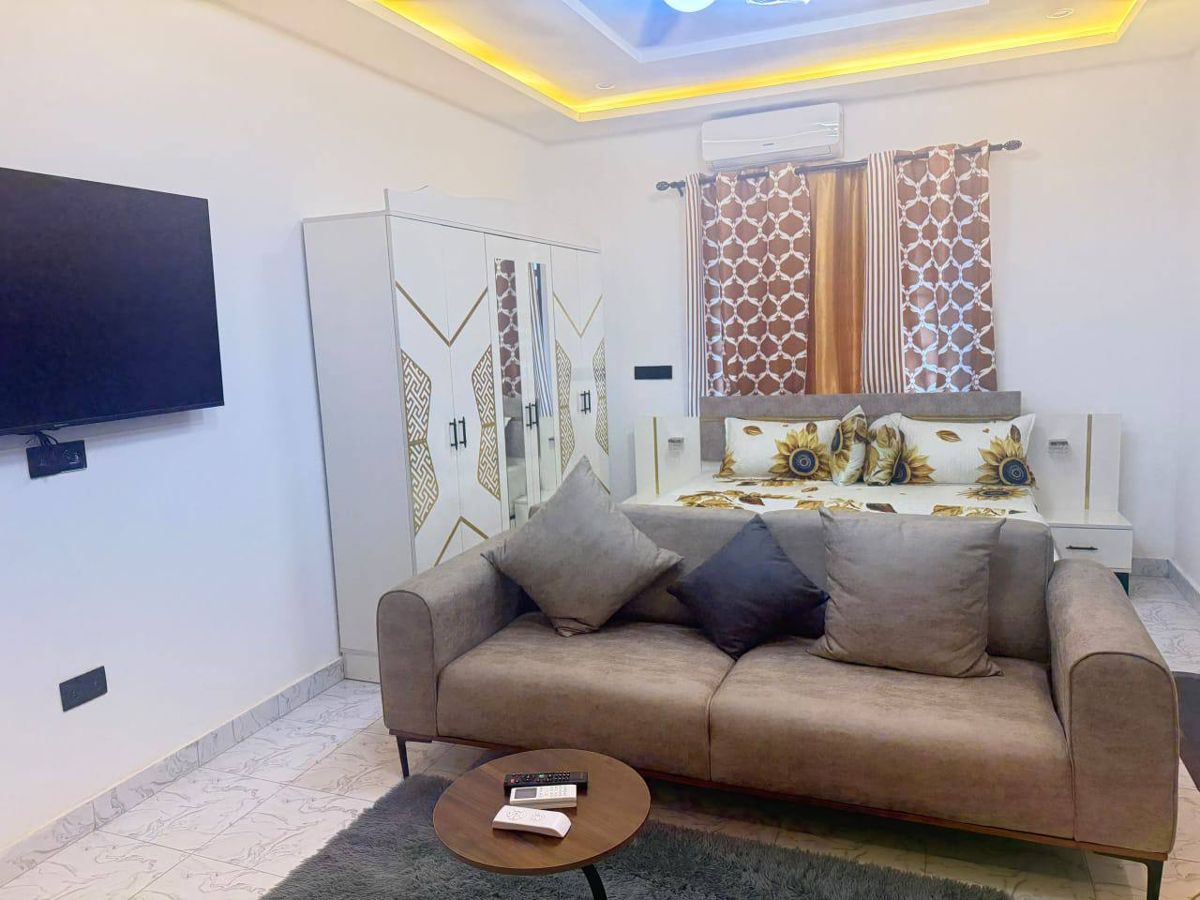 Studio apartment with bed, wardrobe and sofa